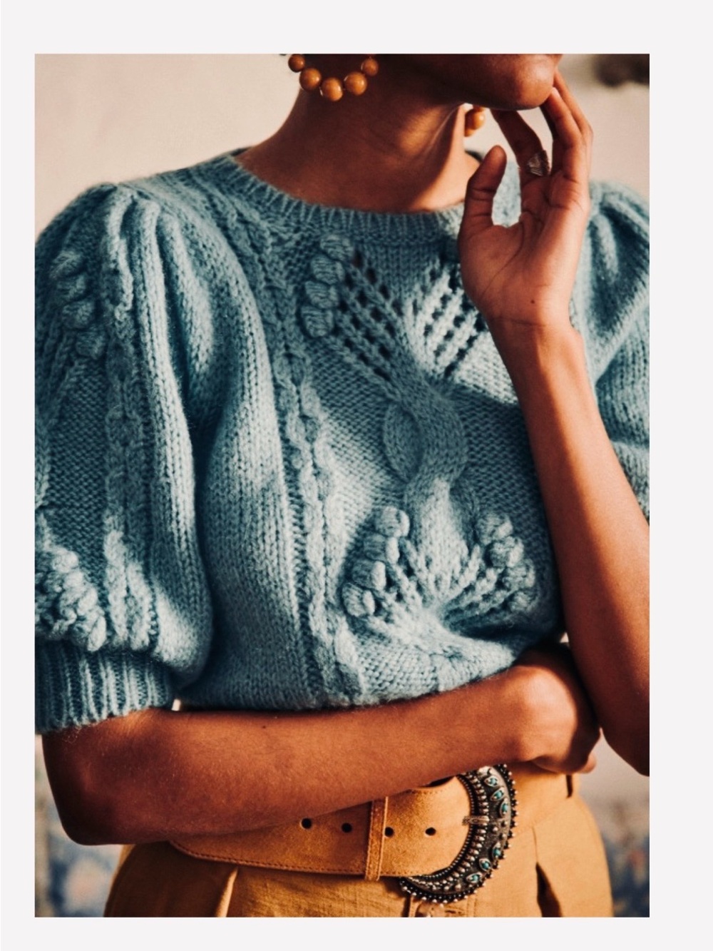 Sezane Giulia Cable-Knit Puff Sleeve Sweater in Dusty Blue
